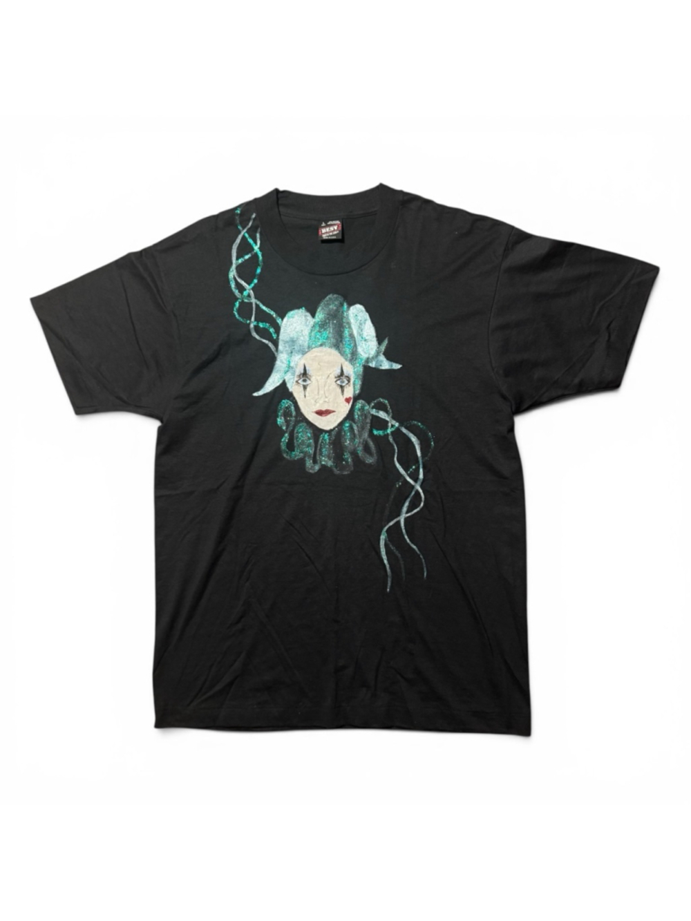 Vintage Fruit of the Loom Black Teal Jester Short Sleeve Single Stitch Tee L